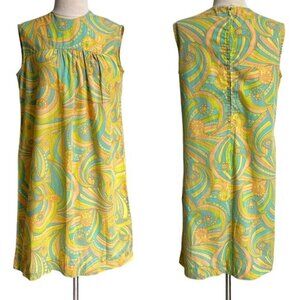 60s Psychedelic Mini Tent Dress Cotton Relaxed Mod Gogo Pastel Daisy Paisley.